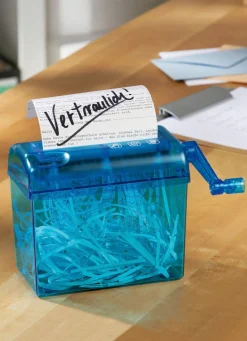 New BADER Aktenvernichter Mini mit Handkurbel BLAU
