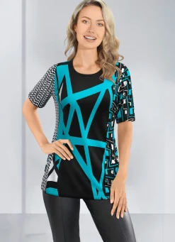 Best KLAUS MODELLE MADE IN GERMANY Allover gemustertes Shirt in 2 Farben SCHWARZ-TÜRKIS-WEISS