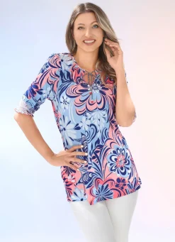 Best BADER Allover gemustertes Shirt mit V-Schlitz APRICOT-BLEU-ORANGE