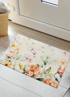 New BADER Ansprechende Fußmatte mit Blüten und Schmetterlinge BUNT