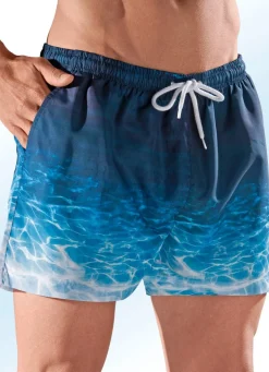 Outlet BADER Badeshorts, Gesäßtasche mit Klettverschluss, Microfaser INDIGO-TÜRKIS-WEISS