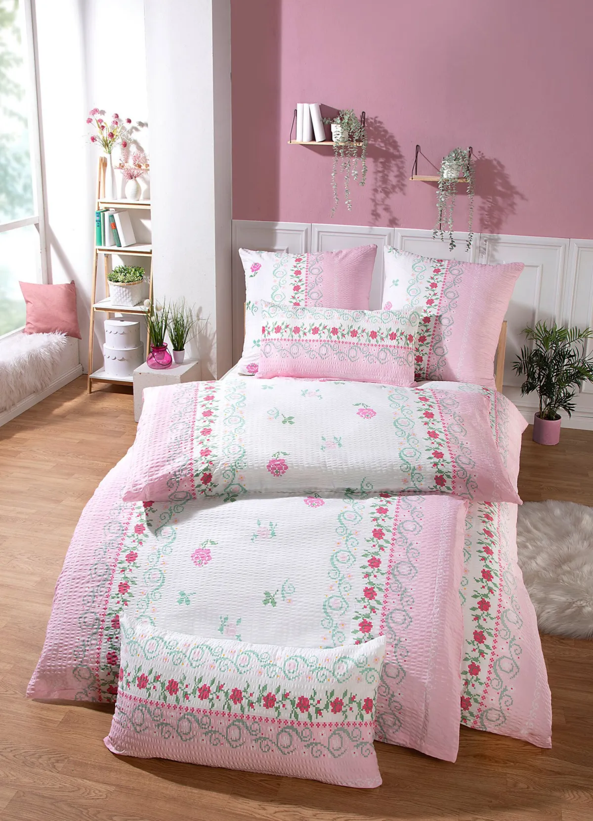 KLAUS MODELLE MADE IN GERMANY Beidseitig bedruckte Bettwäsche-Garnitur rosa
