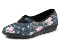 Discount BADER Bequeme Damen-Hausschuhe, Weite H, aus floral bedrucktem Meshmaterial GRAU-BUNT