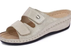 Online BADER Bequeme Damen-Pantoletten, Weite G, mit Klettverschluss HELLBEIGE