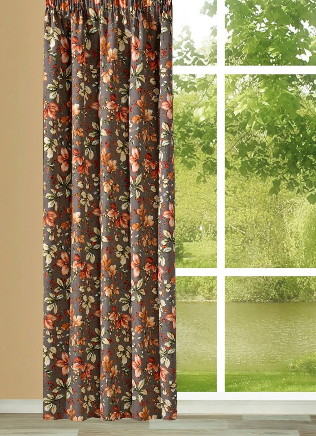 Discount BADER Übergardine mit Blättermotiven BRAUN-BUNT