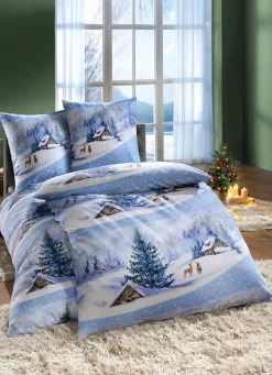 New DOBNIG Bettwäsche-Garnitur mit Winterlandschaft HIMMELBLAU