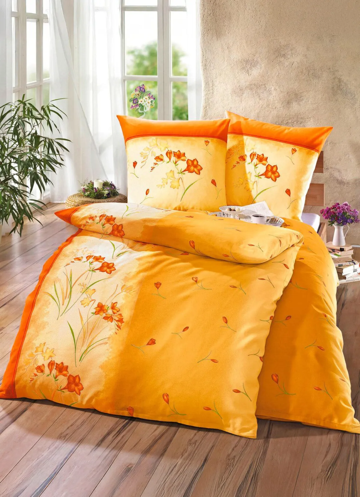 New DOBNIG Bügelleichte Bettwäsche-Garnitur mit Reißverschluss ORANGE