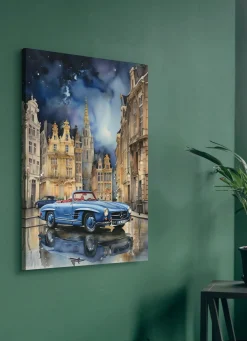 BADER Bild: Mercedes 190SL in einer Stadt BLAU-NATUR