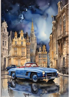 BADER Bild: Mercedes 190SL in einer Stadt BLAU-NATUR