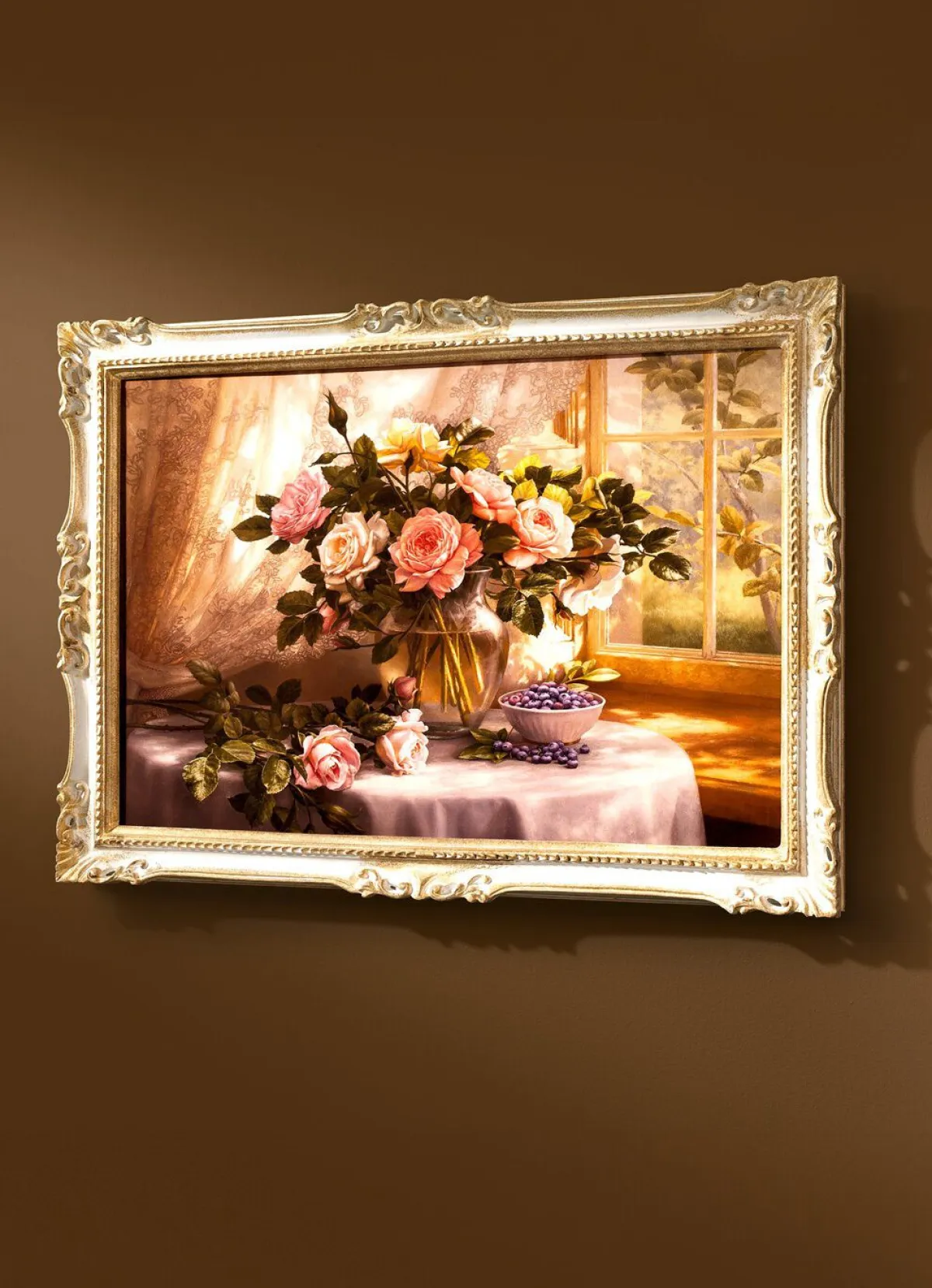 New BADER Bild mit Rosenstrauß WEISS-GOLD