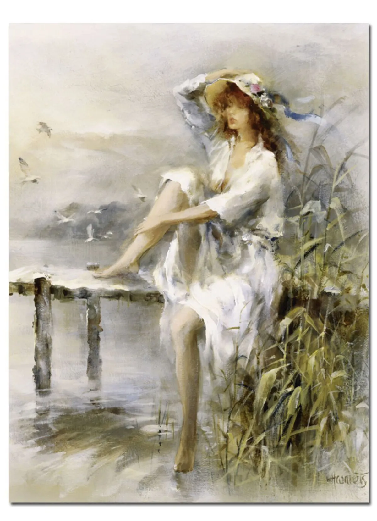 Hot BADER Bild Nachdenkliche Frau an einem Idyllischen See vom Künstler Willem Haenraets GRAU