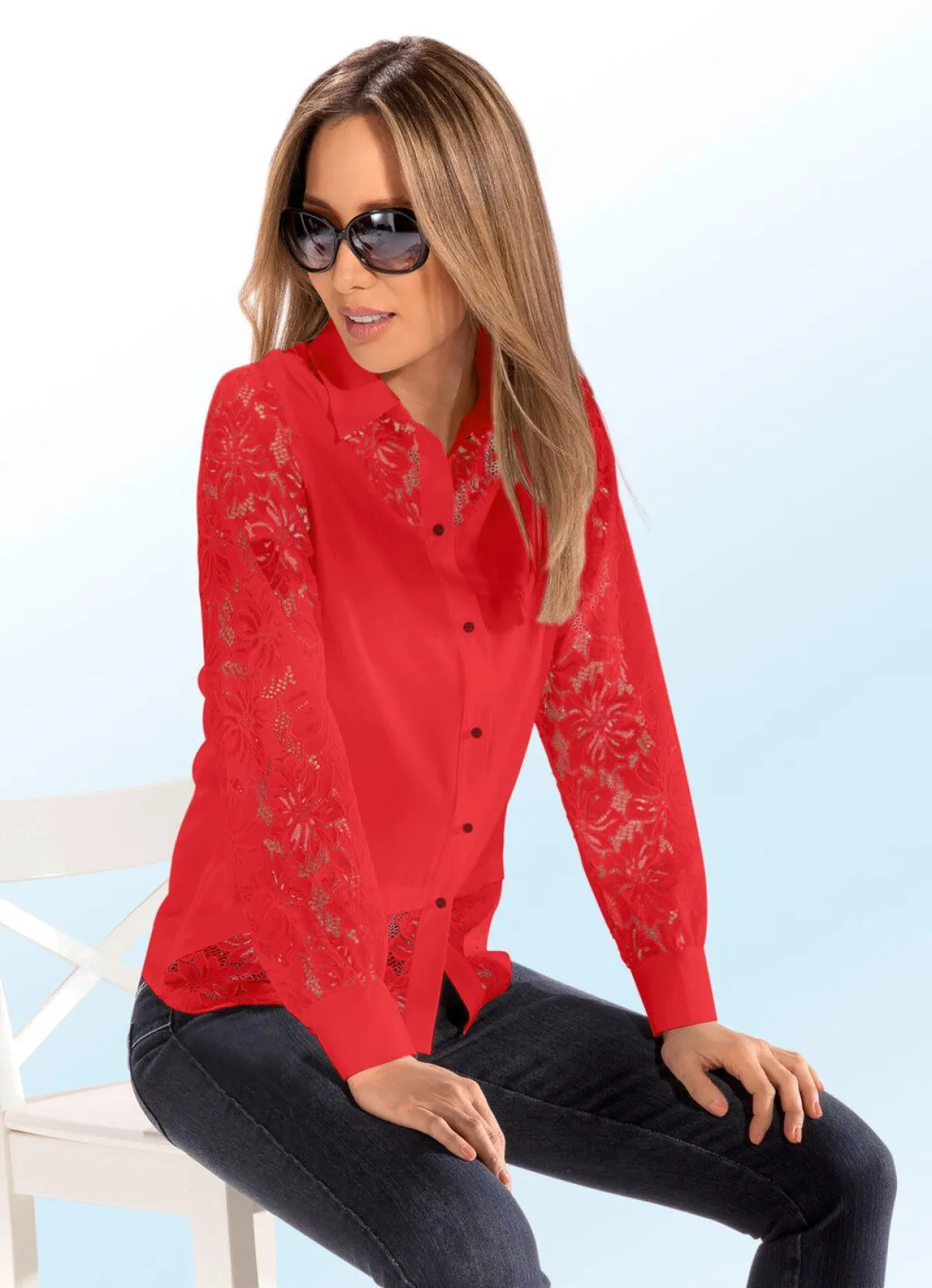 New BADER Bluse mit hübscher Spitze ROT