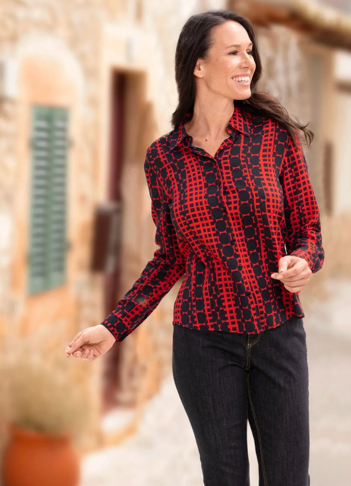 New BADER Bluse mit Hemdkragen ROT-SCHWARZ