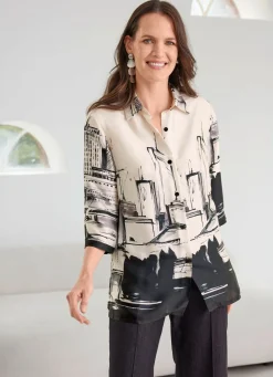 Tizia Bluse mit Hemdkragen ECRU-SCHWARZ-GRAU