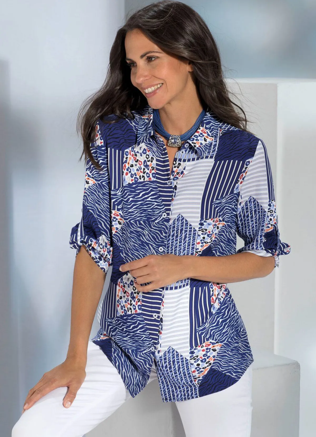 Outlet BADER Bluse mit Hemdkragen BLAU-WEISS-BUNT