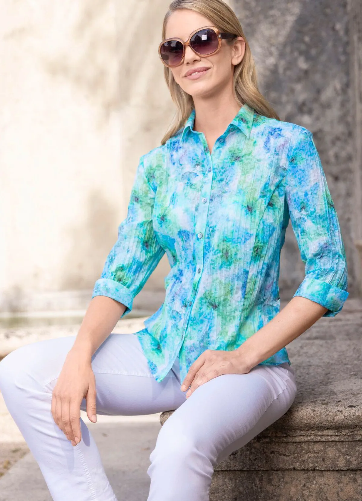 New BADER Bluse mit Hemdkragen AQUA-KIWI-ECRU-BLAU-BUNT