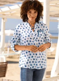 Hot BADER Bluse mit kurzer Knopfleiste WEISS-BLAU