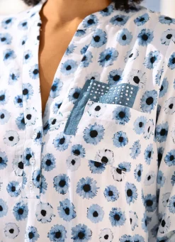 Hot BADER Bluse mit kurzer Knopfleiste WEISS-BLAU