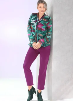 New BADER Bluse mit V-Schlitz und Bindeband GRÜN-FUCHSIA