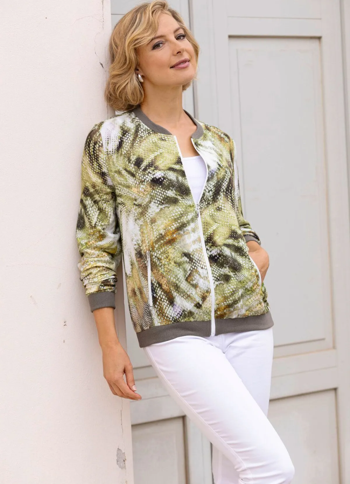 Hot laurakent Blusenjacke mit dekorativem Rippenstrick ECRU-OLIV-OCKER-BUNT