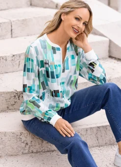 Online BADER Blusenjacke mit dekorativem Rippenstrick WEISS-TÜRKIS-GRÜN-BUNT