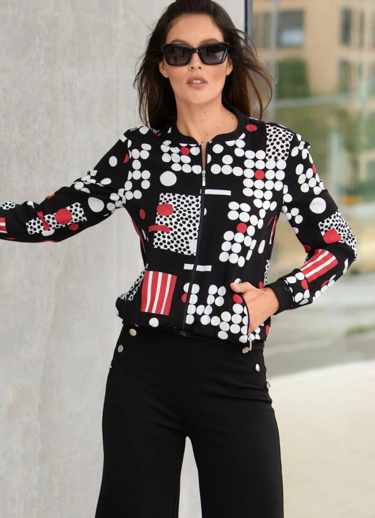 Online BADER Blusenjacke mit Rippenstrick SCHWARZ-WEISS-ROT