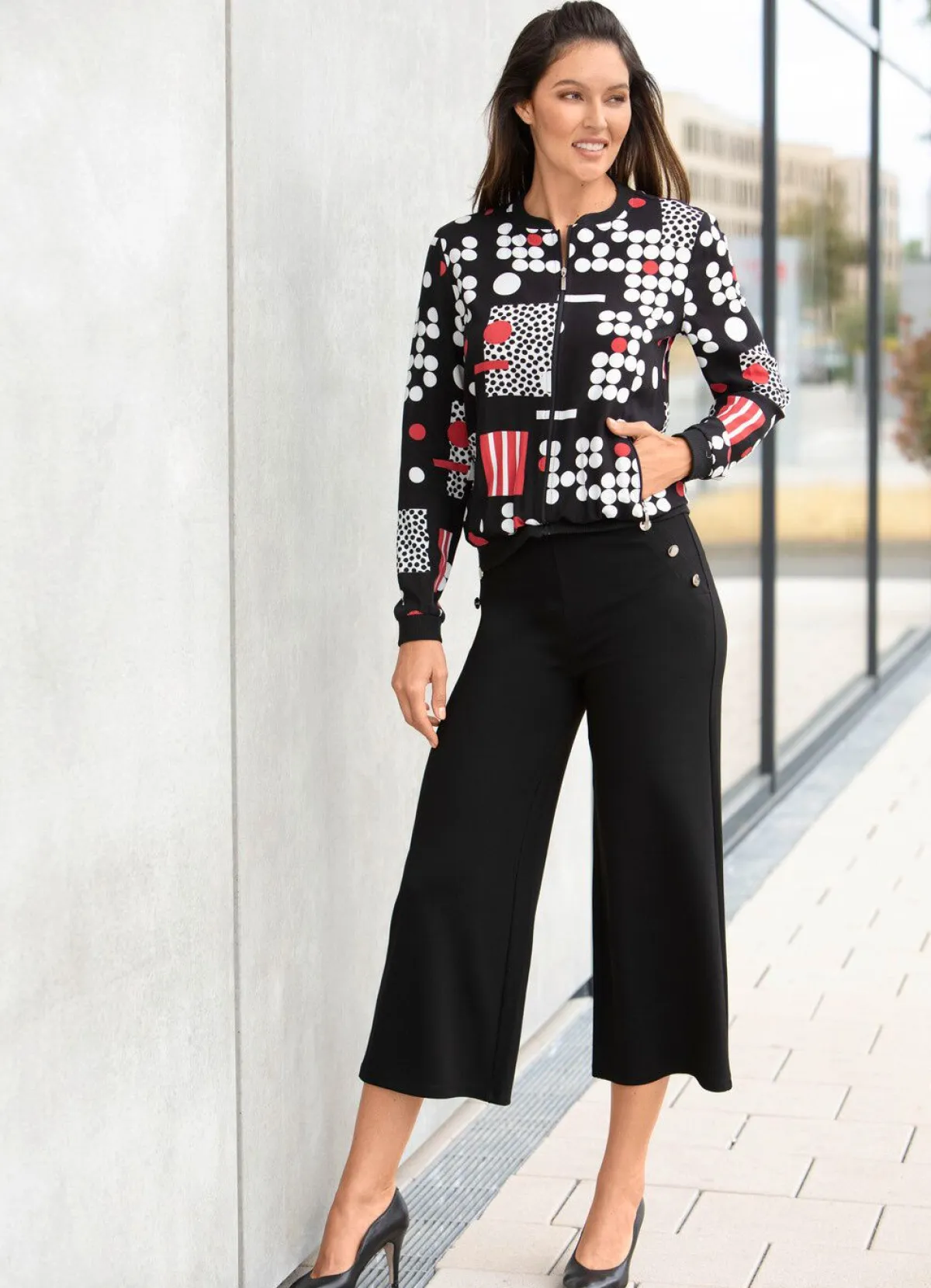 Online BADER Blusenjacke mit Rippenstrick SCHWARZ-WEISS-ROT