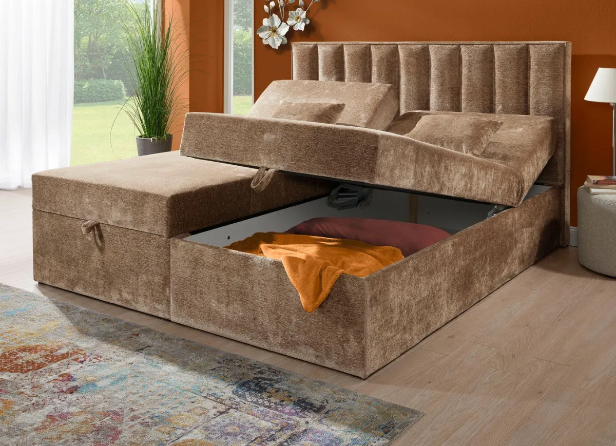 New BADER Boxspringbett mit individueller Kopfteilverstellung und Deko-Kissen BEIGE