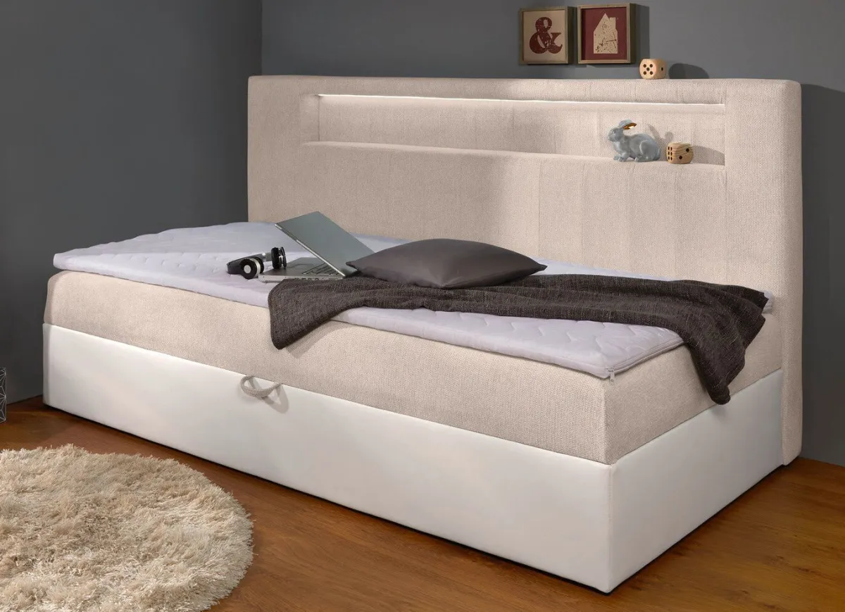 Clearance BADER Boxspringbett mit integrierter LED-Beleuchtung WEISS-CREME