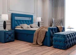 Online BADER Boxspringbett mit LED-Beleuchtung, Topper und Nachttisch DUNKELBLAU