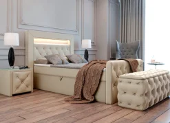 BADER Boxspringbett mit LED-Beleuchtung, Topper und Nachttisch CREME