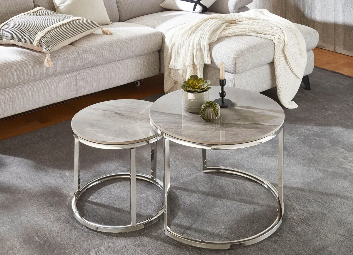 BADER Couchtisch, 2er Set grau-chrom