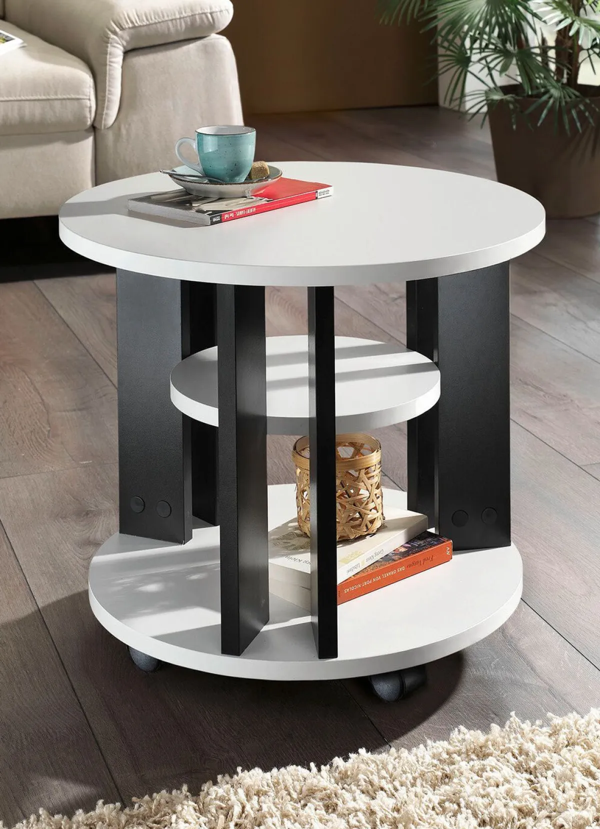 Hot BADER Couchtisch mit 2 Ablageflächen und 4 Rollen WEISS-SCHWARZ