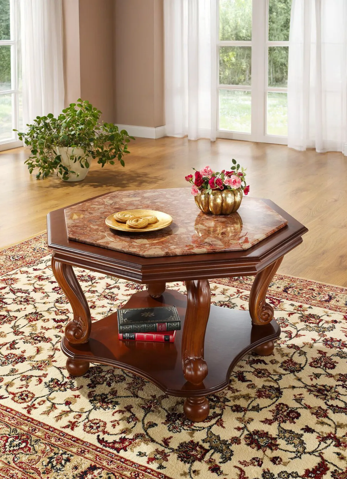 Best BADER Couchtisch mit echter Marmor-Einlage NUSSBAUM-ROSA