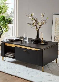 New BADER Couchtisch mit Schublade SCHWARZ-GOLD