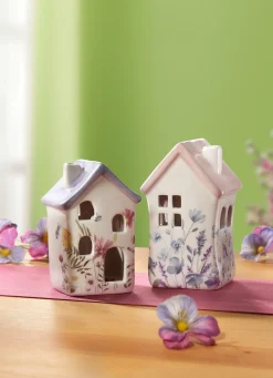 Sale BADER Deko-Häuschen aus Keramik, 2er-Set WEISS-LILA-ROSA