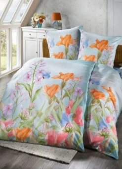 Outlet DORMISETTE Bettwäsche-Garnitur mit floralen Dessin BLAU