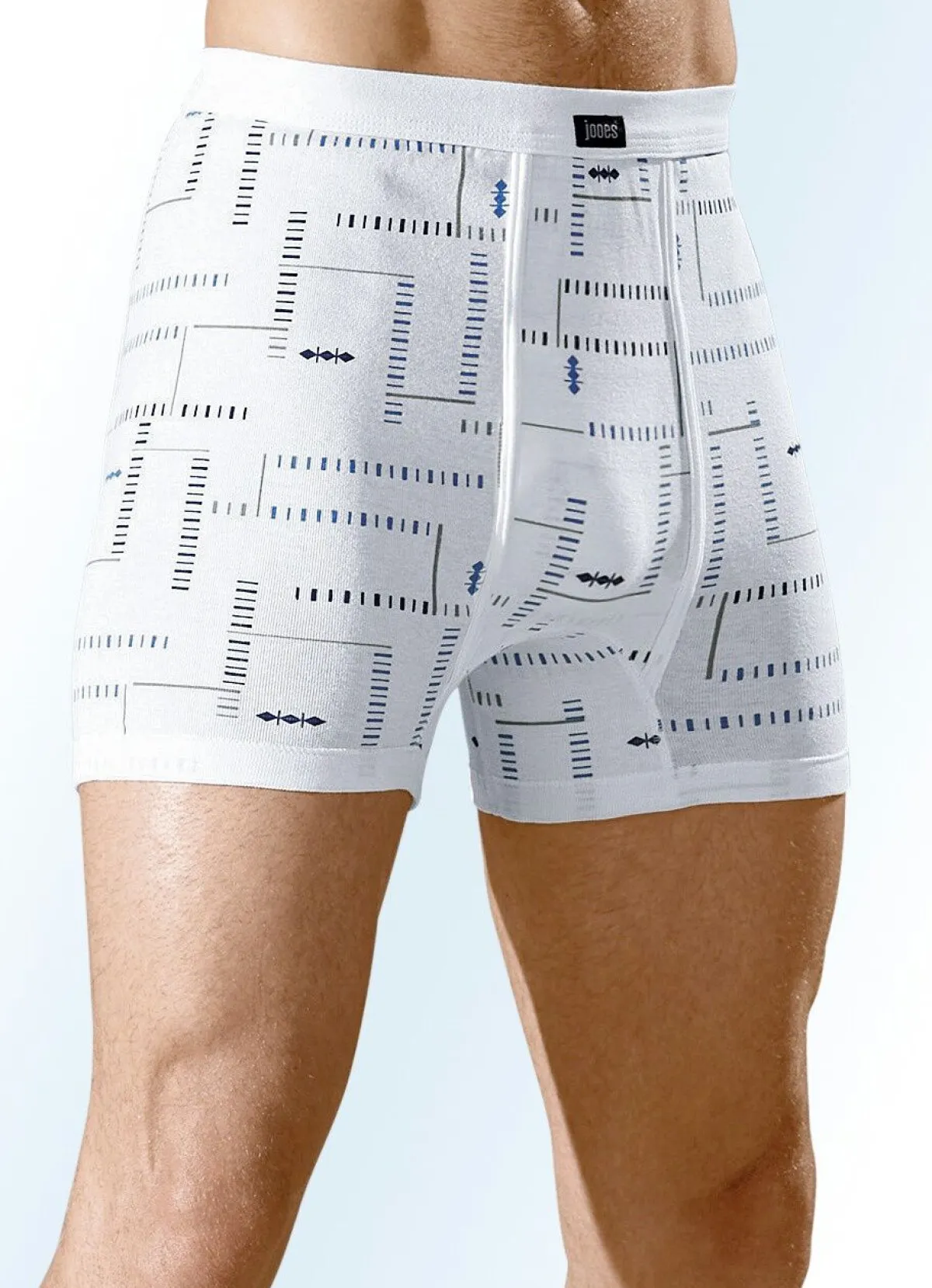 Hot BADER Dreierpack Unterhosen aus Feinripp mit Eingriff, bunt dessiniert 2X WEISS-BUNT, 1X HELLBLAU-BUNT