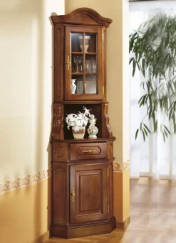 Hot BADER Eckvitrine mit eleganten, goldfarbenen Metallgriffen NUSSBAUM