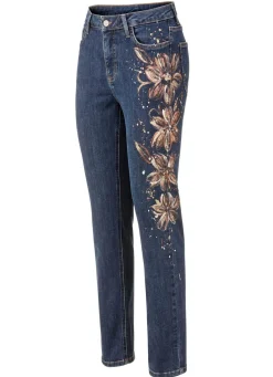 New BADER Edel-Jeans mit handbemalten, floralen Motiven DUNKELBLAU