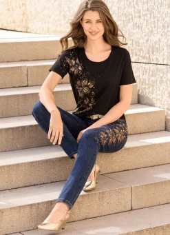 New BADER Edel-Jeans mit handbemalten, floralen Motiven DUNKELBLAU