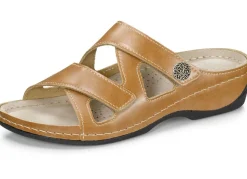 BADER ELENA EDEN, bequeme Damen-Pantoletten, Weite G, mit Klettverschluss COGNAC