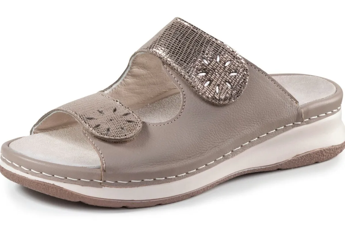 New ELENA EDEN , bequeme Damen-Pantoletten, Weite H, mit herausnehmbarem Fußbett TAUPE-ANTIKBRONZE