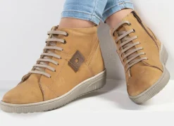 ELENA EDEN Schnür-Bootie aus Nubukleder, mit Leder-Applikation CURRY