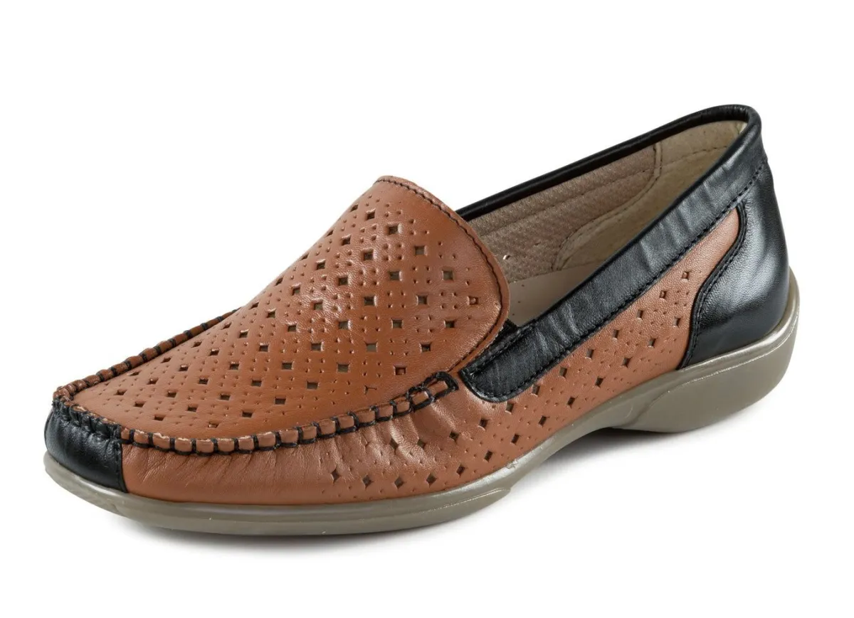 Hot BADER ELENA EDEN, sommerliche Damen-Slipper, Weite H, mit herausnehmbarem Fußbett COGNAC-SCHWARZ