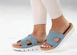 Best ELENA EDEN , sommerliche Damen-Pantoletten, aus Leder BLEU