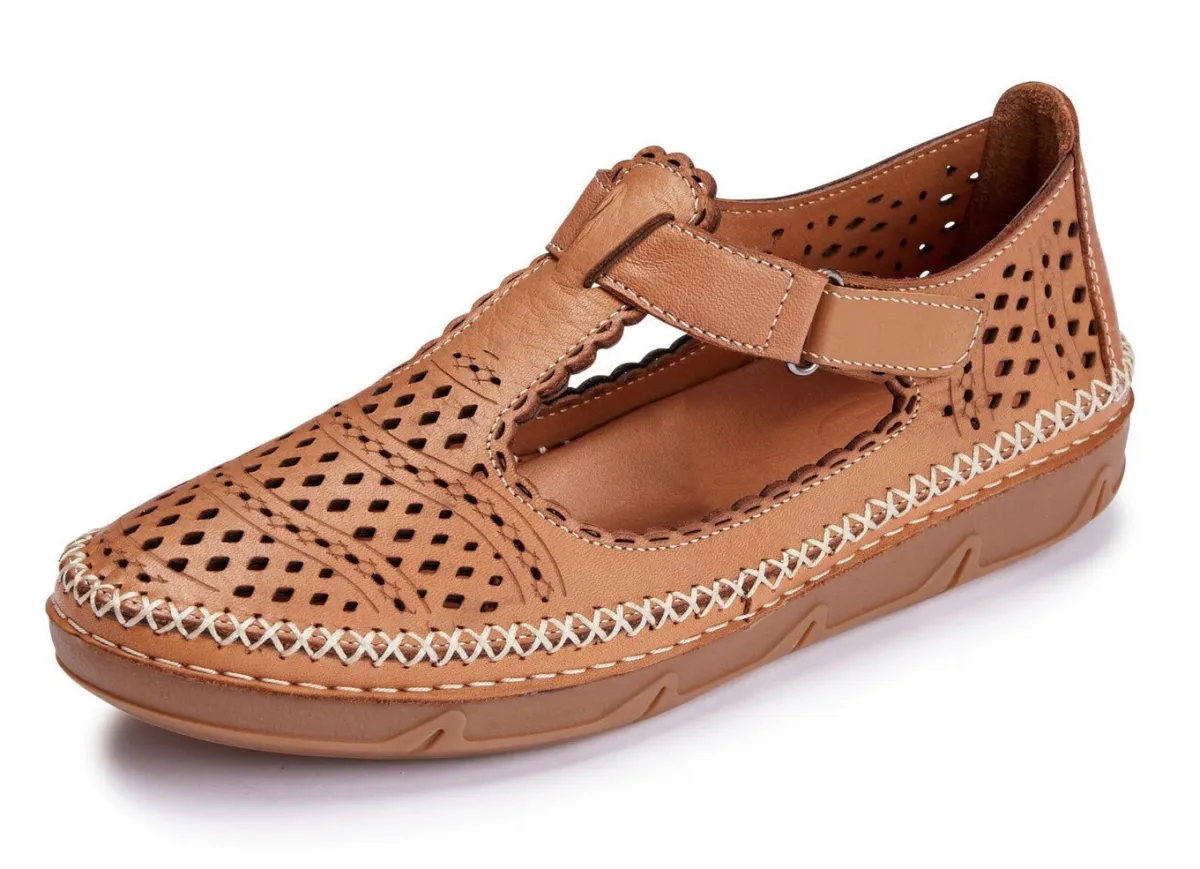 ELENA EDEN , sommerliche Damen-Slipper, Weite H, mit Klettverschluss COGNAC