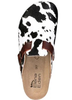 Sale ELENA EDEN , trendige Damen-Clogs, Weite H, mit brauner Spange SCHWARZ-WEISS