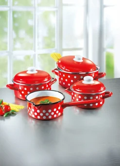 Clearance BADER Emaille Kochtopf-Set, 7-teilig ROT/WEISS PUNKTE