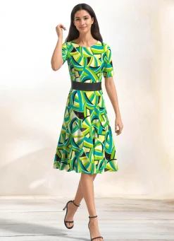 Best KLAUS MODELLE MADE IN GERMANY Farbbrillantes Kleid TÜRKIS-LIMETTE-WEISS-BUNT